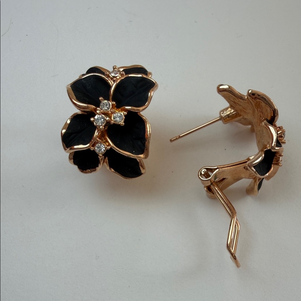 Elegant Black and Gold Floral Earrings